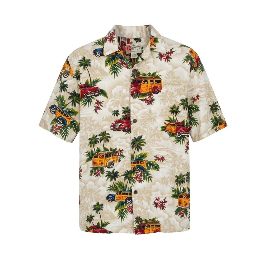 Hilo Hattie Mens Hawaiian Shirt Tan Woodie Car Tropical Print Cotton Rayon M